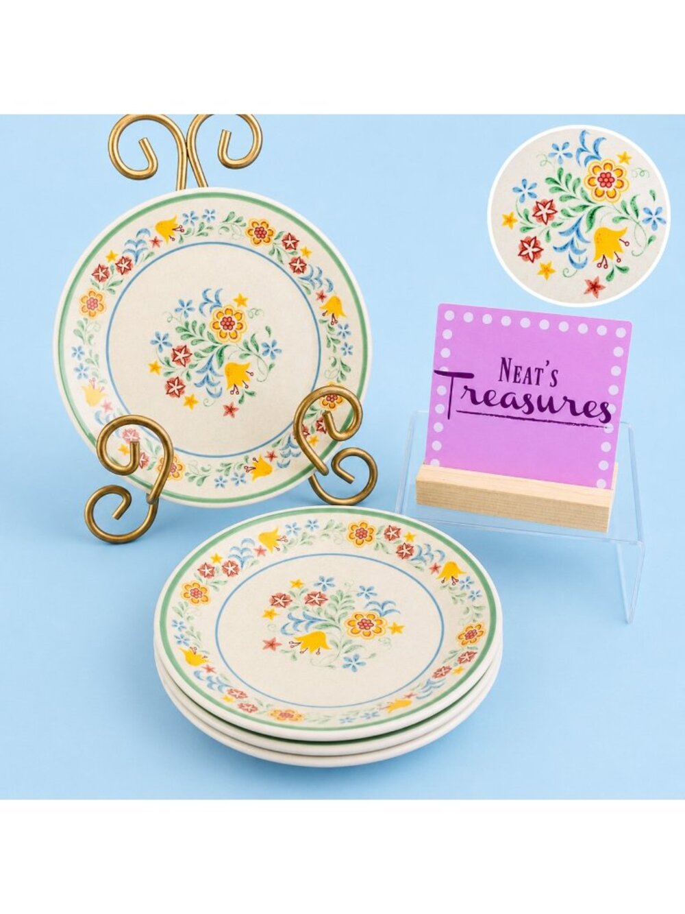 Lenox Temperware QUAKERTOWN Pink Blue Yellow Floral Bread Appetizer Plate Set 4